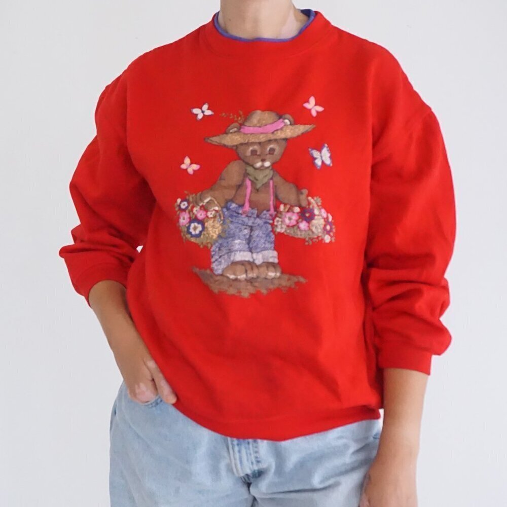 Vintage Basic Editions Red Bear Garden Graphic Sweatshirt Grandmacore Boho M